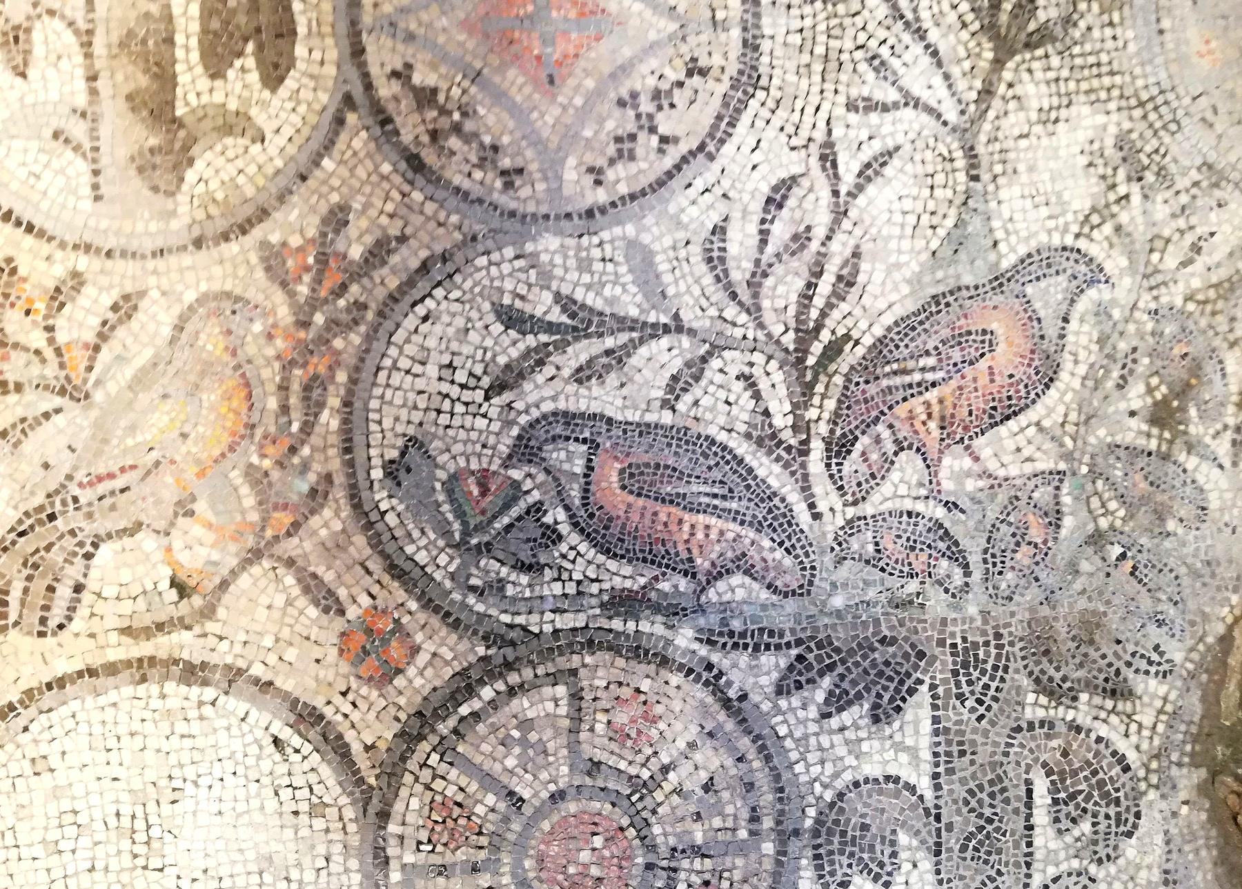 Detail of 4th-century floor mosaic with partridges among foliage, Aquileia Basilica