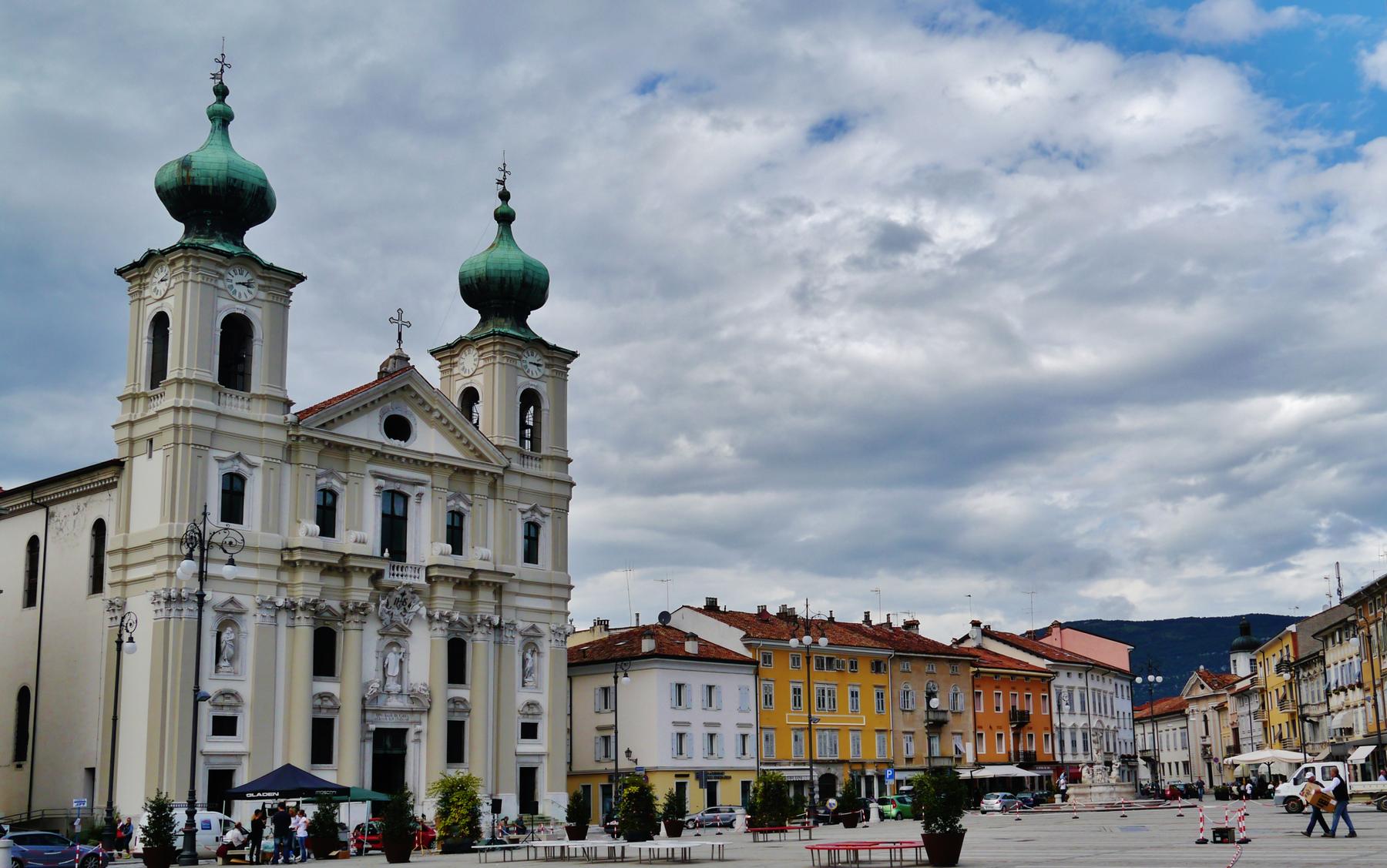 Sant'Ignazio church and colourful façades on Piazza della Vittoria, Gorizia