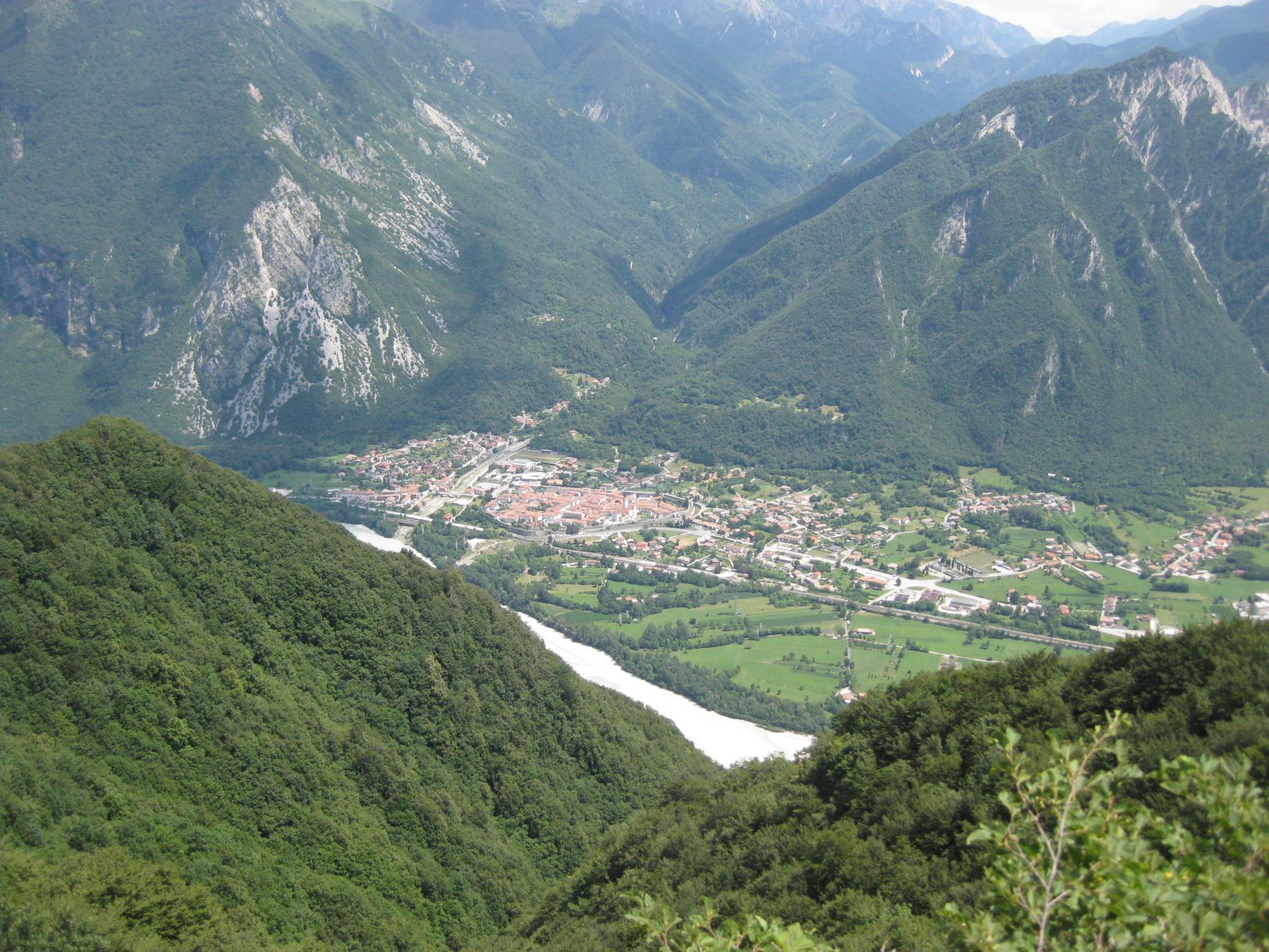 Walled town of Venzone in the green Tagliamento valley seen from above